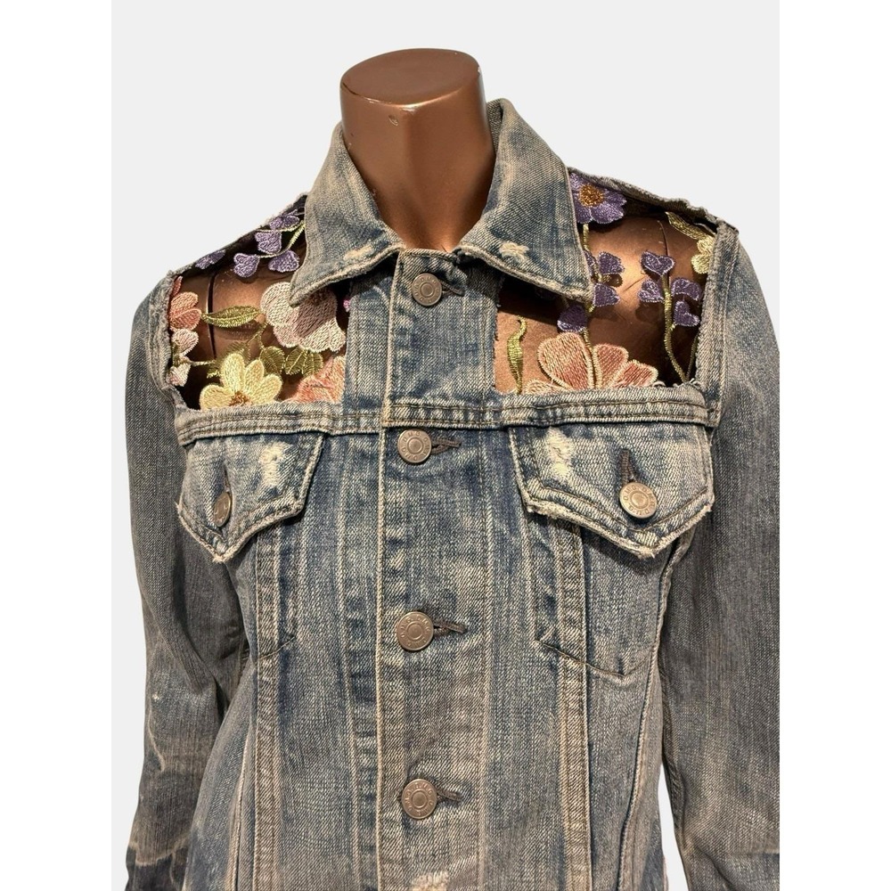Vintage Floral Embroidered Mesh Patchwork Hippie Eclectic Denim Jacket Boho/2 - Picture 2 of 10